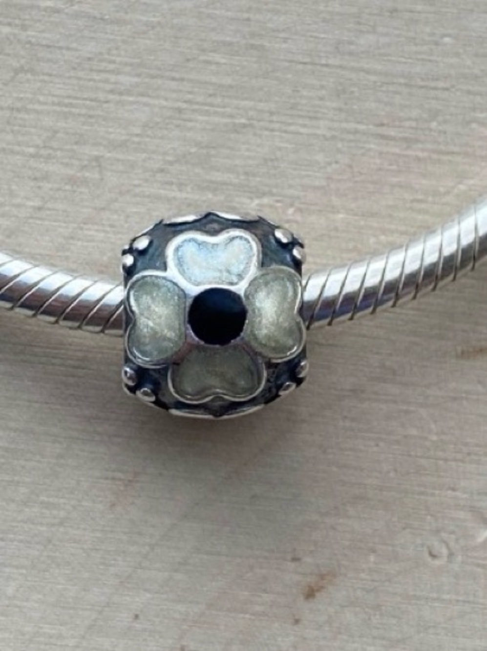 Sterling Silver Clover Enamel Charm Bead in White Authentic